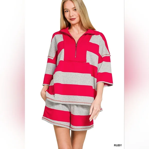 Zenana Frenchterry Striped Half Zip Top & Shorts Set - Picture 3 of 6